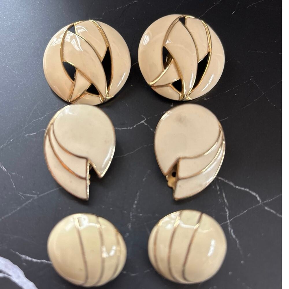 Set of 3 Vintage CREAM Enameled Gold Tone Clip On Earrings 1980